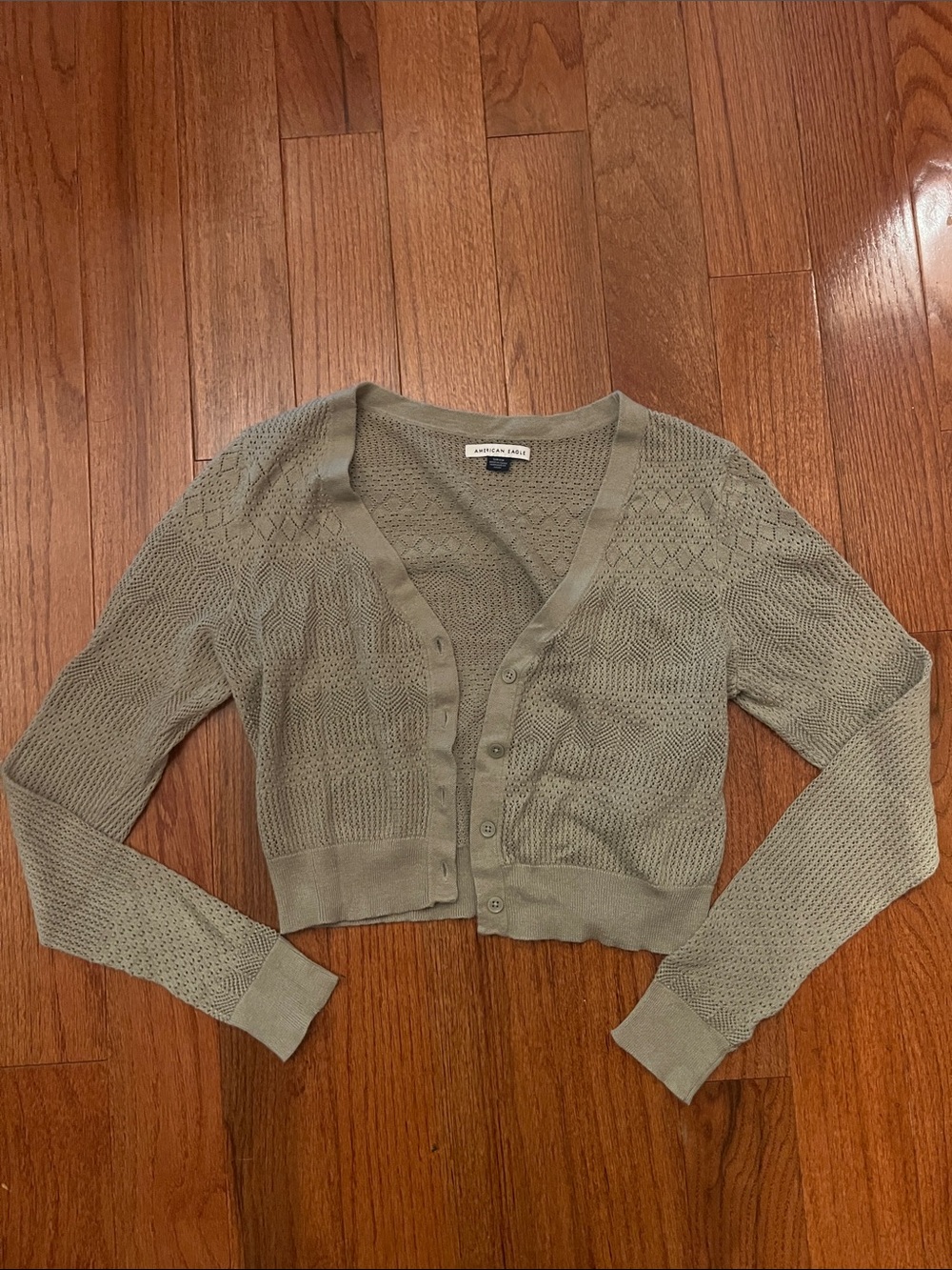 American Eagle Crochet Open-Weave Cropped Cardigan - Sage Green